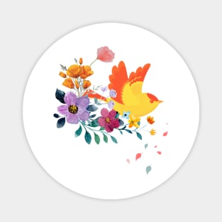 blooming flowers and orange color bird colorful art Magnet